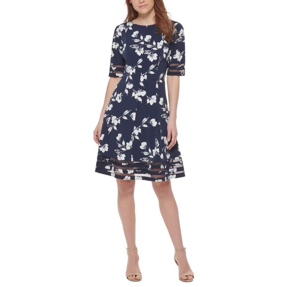 JESSICA HOWARD PETITES Womens Navy Zippered Mesh Insets Lined Floral Elbow Sleev - Picture 1 of 3
